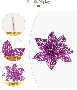 Vue détaillée de fleurs de Noël violettes ajourées avec paillettes et tiges de support