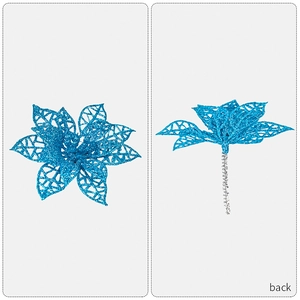 Détail de fleur de Noël poinsettia évidée bleu paon avec paillettes et tige métallique
