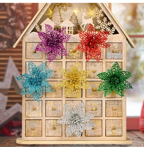 Calendrier de l'Avent en bois lumineux avec fleurs pailletées et tiroirs numérotés