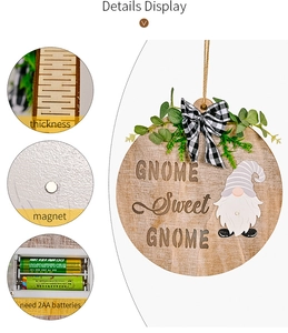 Detail of wooden gnome door sign showing thickness, magnets, and battery compartment