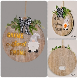 Detailed front, side and back views of a lighted wooden GNOME Sweet GNOME door hanger