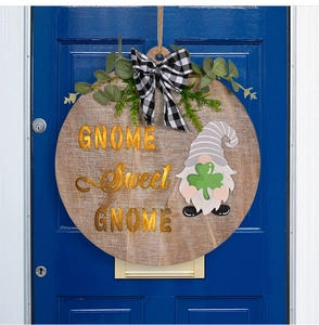 Round wooden door hanger featuring a gnome and GNOME Sweet GNOME text on a blue door