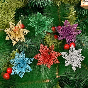 Fleurs Artificielles de Noël Ajourées à Paillettes Étoile de Noël Multicolore Ornements de Décoration pour Arbre de Noël