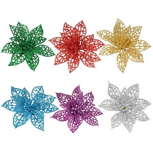 Lot de 6 fleurs de poinsettia pailletées et ajourées pour décoration de sapin de Noël