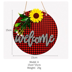 Detailed specs of 15cm sunflower welcome sign with red plaid and 29g weight