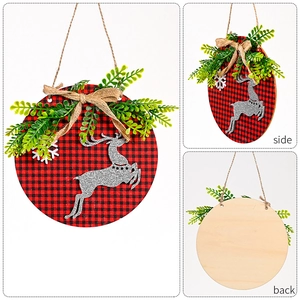 Detailed front, side and back views of a round wooden Christmas reindeer door hanging