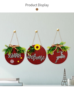 Three-piece buffalo plaid wooden hanging signs featuring XMAS, welcome and reindeer designs