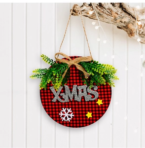 XMAS wooden door sign with red plaid fabric, faux pine needles and rustic burlap bow