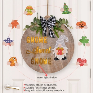 Lighted Wood Gnome Door Sign Interchangeable Seasonal Welcome Wreath With LED Lights Buffalo Plaid Bow For Porch Decor