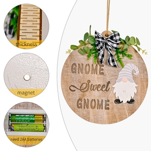 Christmas wooden wreath with LED gnome, rustic round door sign with interchangeable parts