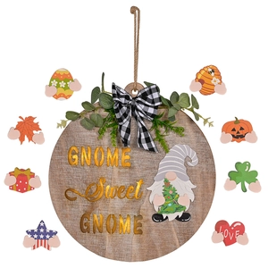 Gnome Sweet Gnome round wooden door sign with 8 interchangeable seasonal icons and bow