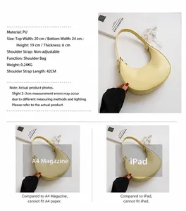 Detail of light yellow crescent shoulder bag with 20x24x19x6cm dimensions shown
