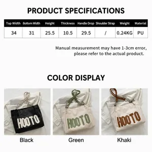 Size chart and dimensions for the high-capacity PU leather tote bag in black and khaki