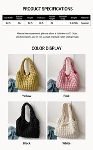 Size chart showing dimensions of the quilted puff tote bag in four color options