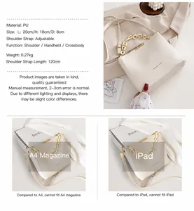 Détails du sac bandoulière crème en PU avec chaîne et tableaux de comparaison de taille