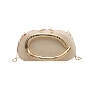 Chic beige crossbody evening bag with large gold arc handle and metal chain strap
