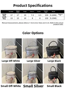 Detailed size chart and dimensions for the cylindrical quilted PU leather crossbody bag