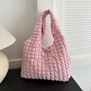 Women Popcorn Bubble Fabric Tote Bag Large Capacity Casual Shoulder Bag Minimalist Soft Fold Handbag Plain Shopping Bag