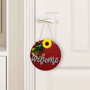 Round Christmas wooden door sign with red buffalo plaid, sunflower and welcome text
