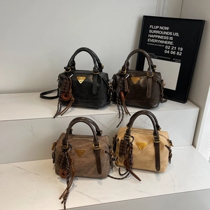 Vintage Women PU Leather Boston Shoulder Bag Retro Pillow Handbag With Charms Solid Color Daily Urban Crossbody Purse