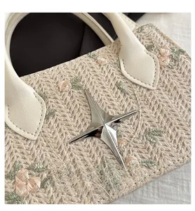 Dettaglio del ricamo a rose e stella in metallo argentato sulla borsa beige intrecciata