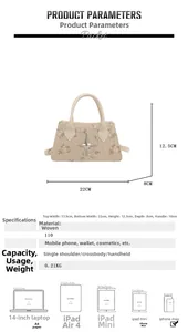 Tabella taglie dettagliata per borsa in paglia ricamata con fiori e dimensioni