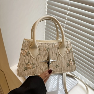 Borsa a mano in paglia con ricami floreali e fibbia a stella argento per donna