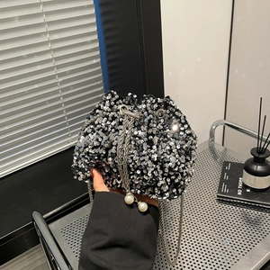 Borsa a Secchiello Moda Donna con Paillettes Catena Tracolla Borsa da Sera Chiusura a Coulisse con Decorazione Künstliche Perle Sintetiche