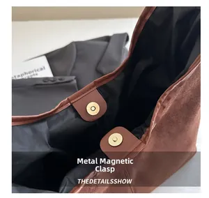 Dettaglio della borsa tote in pelle scamosciata marrone con chiusure magnetiche dorate