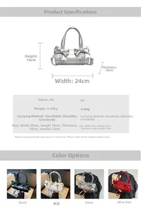 Detail view of cylinder shoulder bag featuring bow decorations and dimensions info