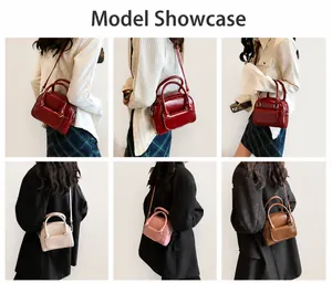 Detail collage of vintage patent leather mini bags in burgundy, white, pink and brown