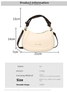 Detailed size chart for the French style crescent bag showing dimensions and PU material