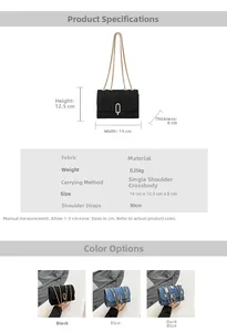 Detail specifications of denim crossbody bag showing dimensions and metallic chain strap