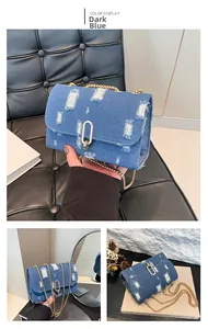 Detail of dark blue denim crossbody bag featuring distressed rips and gold chain strap