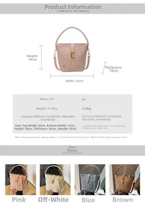 Detail view of small printed bucket bag dimensions and weights in pink and blue colors