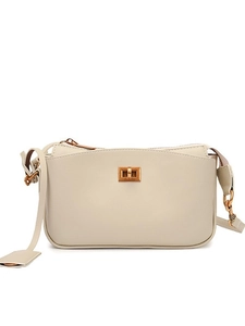 Elegant cream white square handbag with gold turn-lock and adjustable shoulder strap