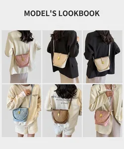 Detail view of colorful printed bucket bags with textured patterns and gold turn-lock closure