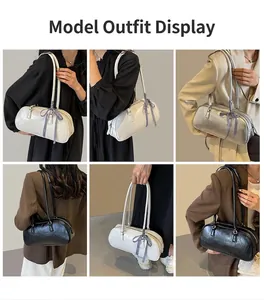 Collage of chic bow-knot shoulder bags in black, white, and silver leather finishes