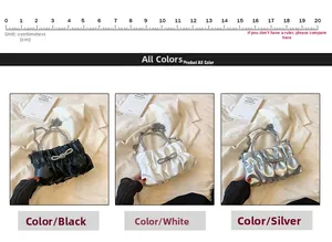 Ruched cloud bag with diamond bow detail and metal chain in black, white, and silver