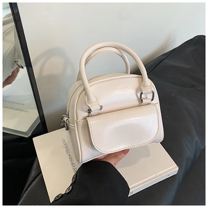Vintage Glossy Patent Leather Crossbody Bag With Dual Handles Front Pocket Minimalist Retro Shoulder Handbag Women