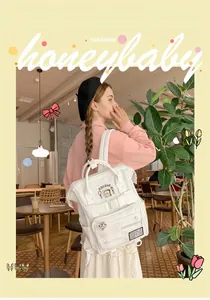 Detailed view of white canvas backpack featuring cute toast embroidery and large pockets