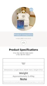 Detail view of white nylon school backpack with size 25x18x37cm and iPad comparison