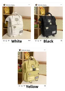 Detailed view of fashionable solid color school backpacks with cartoon embroidery and zip pockets