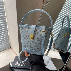 Women Cartoon Graffiti Printed Bucket Bag PU Leather Handbag Fashion Crossbody Shoulder Bag With Gold Metal Lock