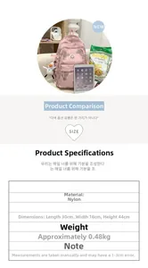 Size chart for floral nylon backpack with dimensions 30x18x44cm and teddy bear print