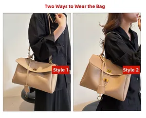 Detail showing two styling ways of a beige PU leather shoulder bag with gold twist lock