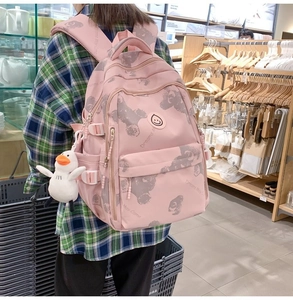Pink printed nylon backpack detail with bear pattern, letter print and duck pendant