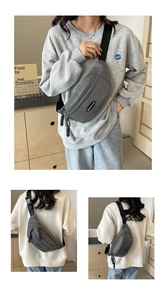 Drei Ansichten einer grauen Nylon-Brusttasche mit verschiedenen Tragemöglichkeiten