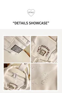 Detail view of water-resistant nylon material, logo embroidery and dual zipper of the bag