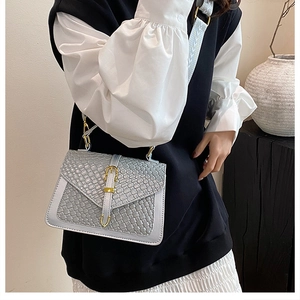 Detail of silver metallic handbag featuring woven texture and gold horseshoe buckle